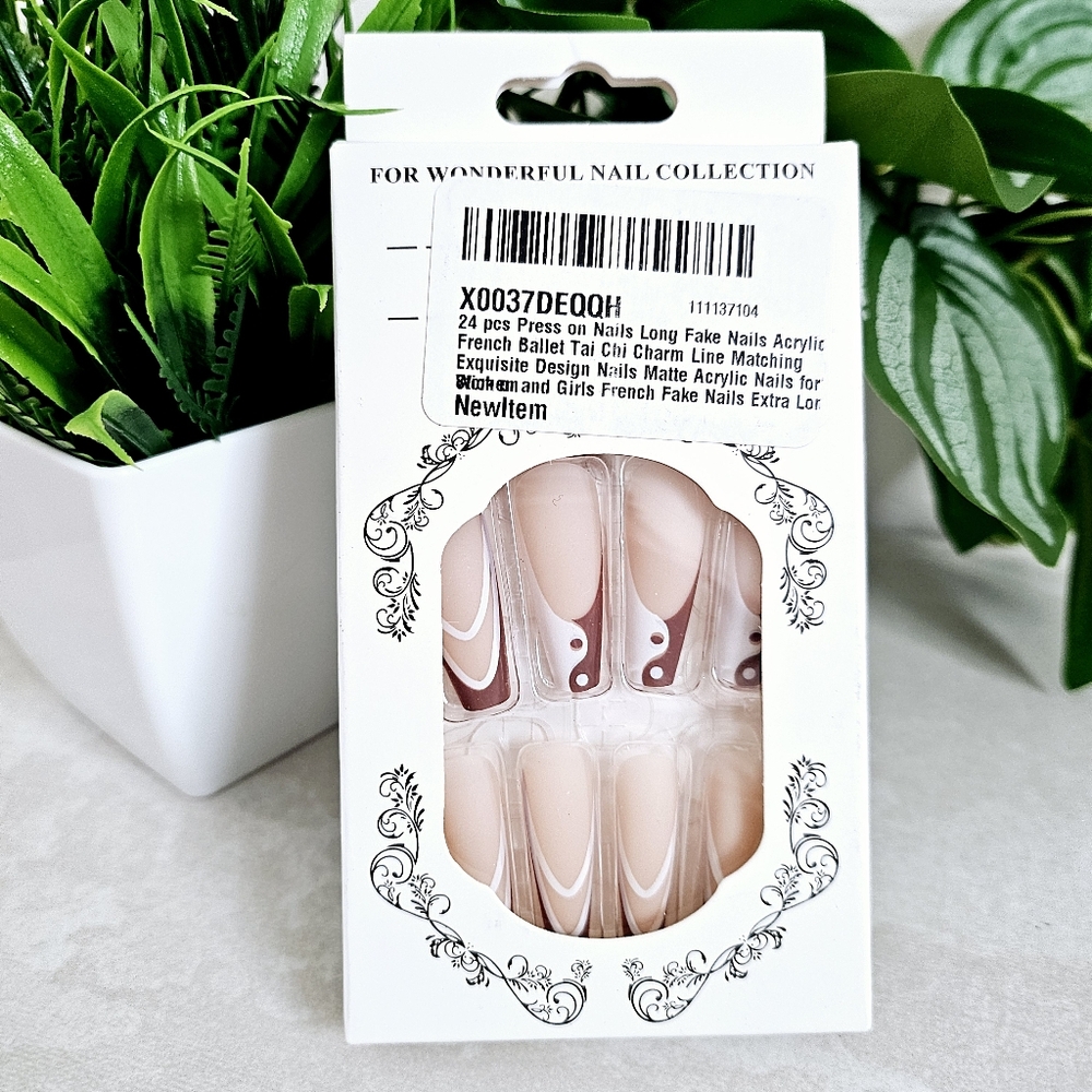 🆕️French Long Press On Nails Nude TaiChi Matte Design Coffin Shape 24pcs